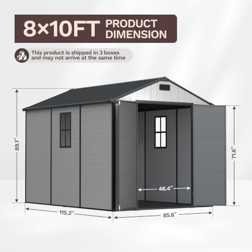 Image of Patiowell 8x10 FT Resin Outdoor Storage Shed with Floor, Large Plastic Clearance Sheds with Lockable Door, Garden Tool Shed with Window for Backyard, Patio Storage, Light Gray