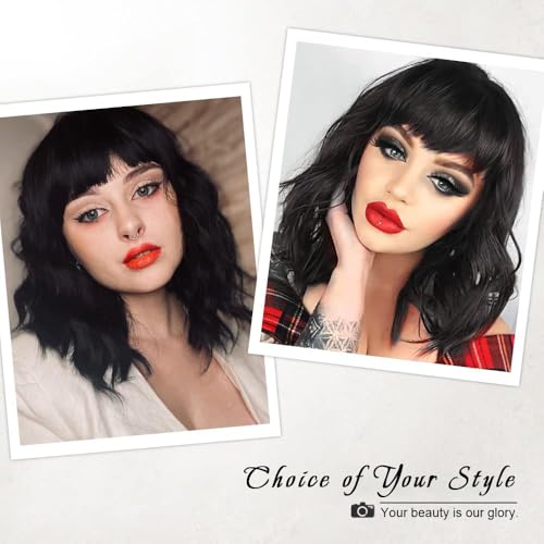 Image of AISI HAIR Bob Curly Wig Synthetic Short Black Wig with Bangs Natural Looking Heat Resistant Fiber Hair for Women