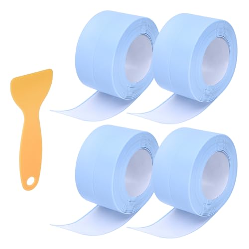 Image of uxcell 4 Rolls Caulk Tape, Caulking Strip Tape, 1.5 inch x 10.5Ft PVC Waterproof Self-Adhesive Sealing Tape for Kitchen Bathroom Toilet Sink Floor Corner Edge with Sealing Tool, Blue