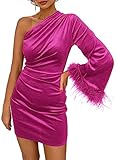 PRETTYGARDEN Women's Fall Long Sleeve Velvet Dress One Shoulder Mini Bodycon Wedding Guest Party Dresses (Rose Red,Large)