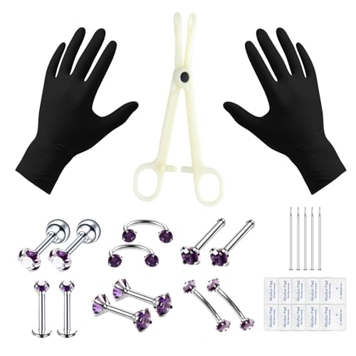 Body Piercing Kit 30 Piece, 316L Stainless Steel Jewellery with 16G Needles, Studs, Gloves, Cleaning Pads, Puncture Clip for Nose, Septum, Belly Button, Tongue, Lip, Eyebrow, Cartilage (30pcs Purple)