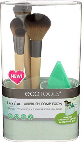EcoTools Airbrush Complexion Makeup Set, With Makeup Blender Beauty Sponge, Brush Case, Beauty Cards, Set of 4 Brushes