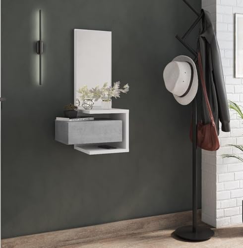 Bissolo Casa Consolle d’Ingresso con Cassetto e Specchio – Design Moderno e Funzionale in Cemento Bianco e Larice