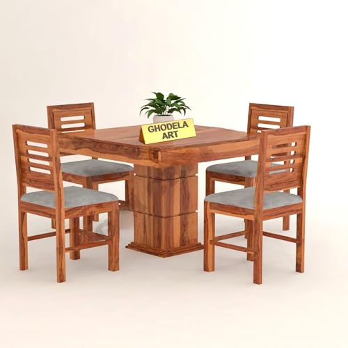Image of Sheesham Wood Oval Dining Table with Cushion Chairs Set for Home Hall | Solid Wood Dinner Table with Chairs for Hotels | Dining Room Sets (Natural Finish 4, 4 Seater)