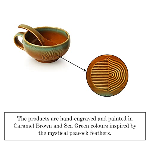 Image of ExclusiveLane 'Peacock Boulevard' Ceramic Soup Bowl with Spoon Set of 4 (320 ML, Dishwasher & Microwave Safe Bowls) | Modern Ceramic Soup Bowls with Handle Soup Bowls Set of 4 Soup Bowl Set