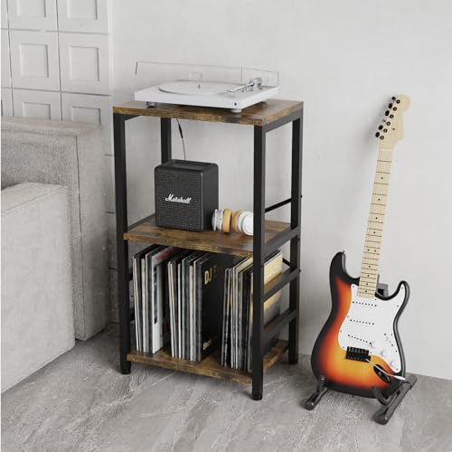 YAKANJ End Table with Guitar Stand,Record Player Stand,Vinyl Records Storage,2-Tier Guitar Stands for Acoustic,Turntable Stand for Music Studio-Brown by YAKANJ - Image 6