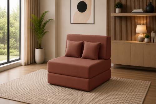 Image of Sofa Cum Bed with Jute Fabric, Convertible One Seater Sofa Bed 3x6 Ft, Comfortable Cushioned Seating, Space Saving Design for Living Room, Bedroom & Guest Room - Brown Color