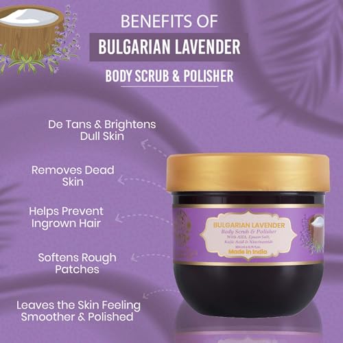 Image of RYLLZ ESSENTIALS Bulgarian Lavender Body Scrub & Polisher | with AHA, Epsom Salt, Kojic Acid, Niacinamide & Glycolic Acid | for Dead Skin Cells, Ingrown Hair & Skin Feeling Smoother /Polished | 200 ml