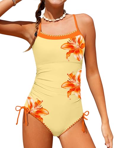 Image of BAVADER Girls Swimsuit One Piece Modest Girls Bathing Suit Solid Square Neck Ruched Adjustable Straps Padded Swimwear 9-16y