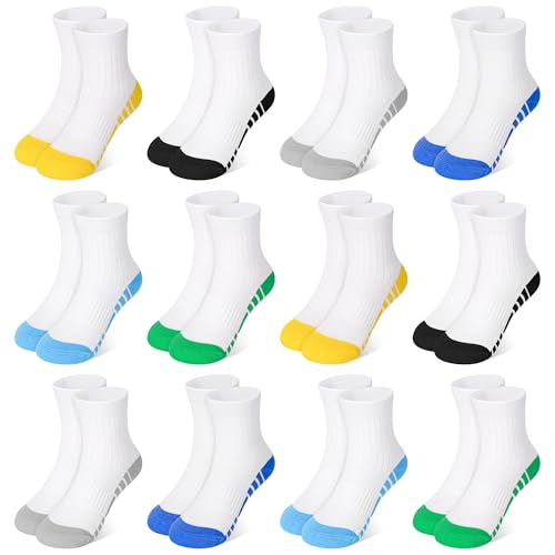 Image of 12 Pairs Boys Crew Athletic Socks, Kids Cotton Socks Ages 1-13 | Breathable mesh,75% cotton mixed material,white crew socks match all sportswear,for running, training and daily active play