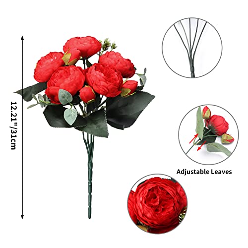 Hoikwo 4 Bunches Small Vintage Red Peony Artificial Flowers (20 Peony Heads), Silk Fake Fake Silk Flowers Bouquet with Stems for Home Wedding Party Table Centerpieces