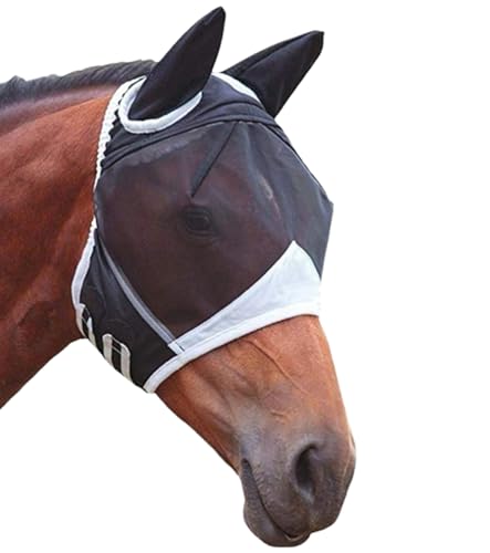 TAKONE Fliegenmaske Pferd Schwarz – Große Pferdemaske mit Ohren, Klettverschluss