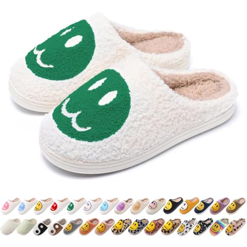 Image of Women's Men's Preppy Happy Face Slippers Comfy Warm Plush Slip-On House Slipper for Winter Indoor Soft Cushion Non-slip Fluffy Slides Slippers