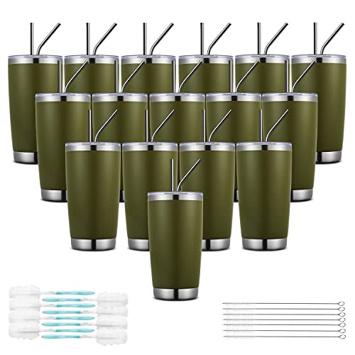 COKTIK Thermobecher mit Deckel und Strohhalm, Bürste, Edelstahl, doppelwandig, für heiße und kalte Getränke, pulverbeschichtet, für Zuhause/Büro/Outdoor, ideales Geschenk, 16 Stück Cover