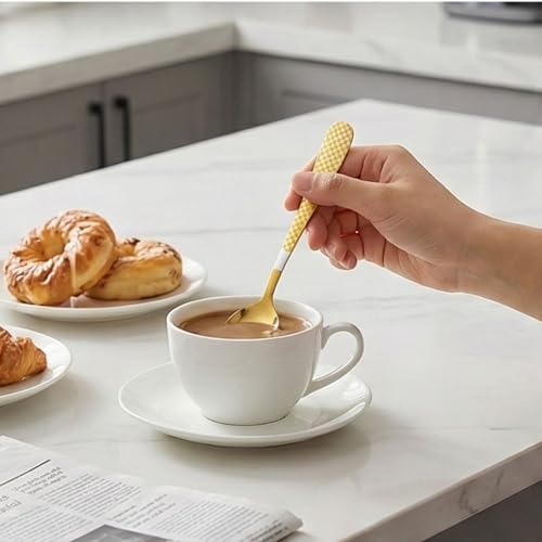 Image of Dinner Spoon Set of 5 ? 8.1 inch Aurum Gold Finish Tablespoons with Checks Printed Handle, Durable Stainless Steel & Dishwasher Safe Silverware for Home, Restaurant, and Gifting