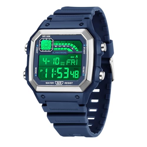 BIEWO Men's Digital Watch Square Sport Waterproof Watches for Men Outdoor Simple Fashion Cool Watch Dual Time LED Luminous Alarm Stopwatch Wrist Watches (Blue)