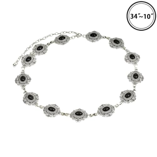 Rosemarie & Jubalee Cowgirl Chic Statement Western Burnished Silver Tone Conchos On Link Body Waist Chain Belt (Black Howlite Stone Centers 34"+9" Extender)3