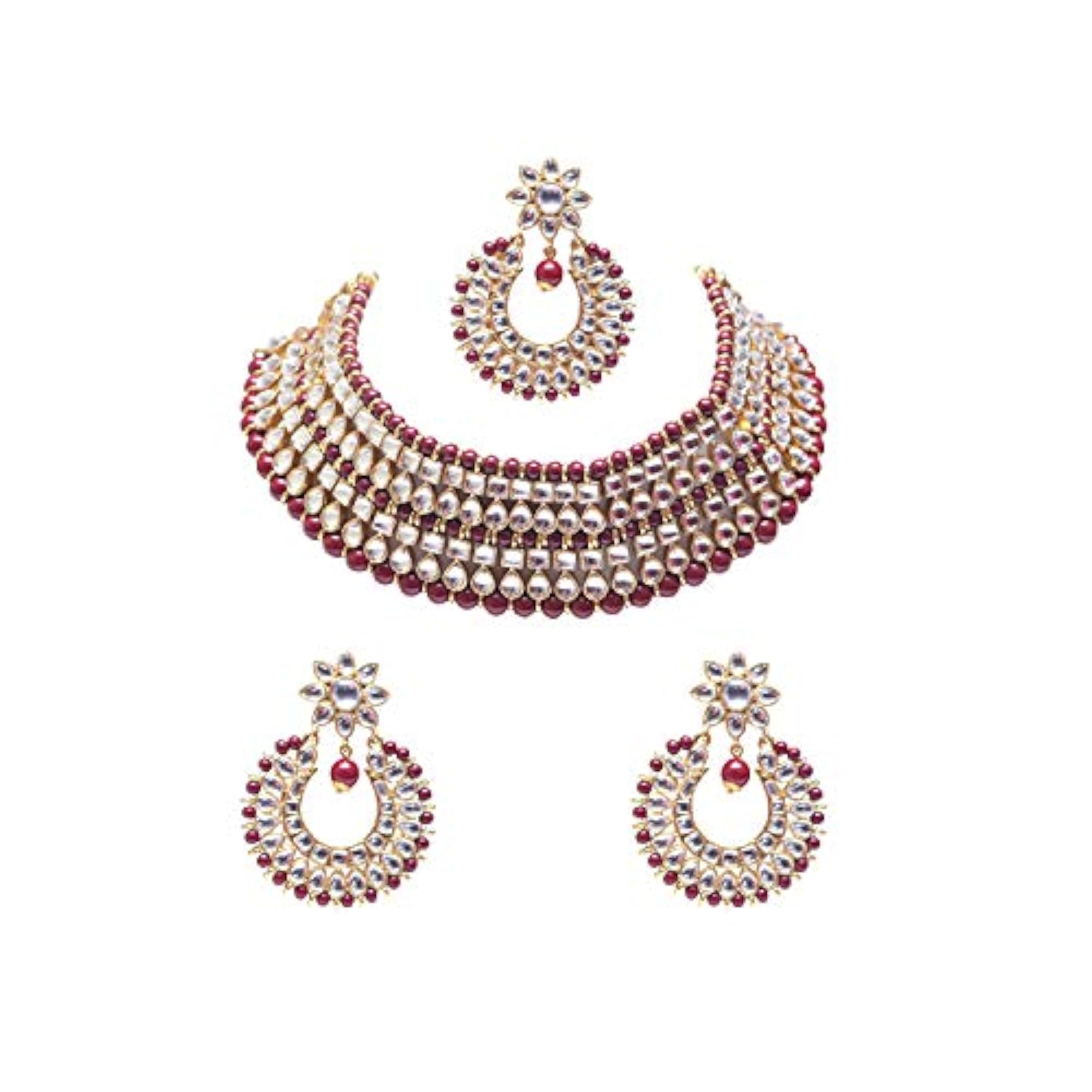 Gold Plated Kundan Choker Necklace Set with Maroon Beads