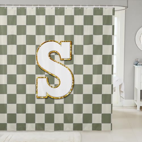 Image of Erosebridal Sage Green Checkered Shower Curtain 72 inch Wx72 L Plaid Initial S Bathroom Curtain Personalized Monogram Bathroom Accessories for Kids Adults,Fashion Grids Gingham Shower Decor