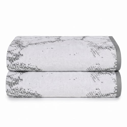 SUPERIOR Cotton Marble Jacquard Border Quick Dry Towel Set, 2 Piece, Grey