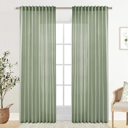 Image of XTMYI Country Curtains for Living Room,Sheer Linen Curtains for Bedroom 90 Inches Long,70 Inches Wide Sage Green