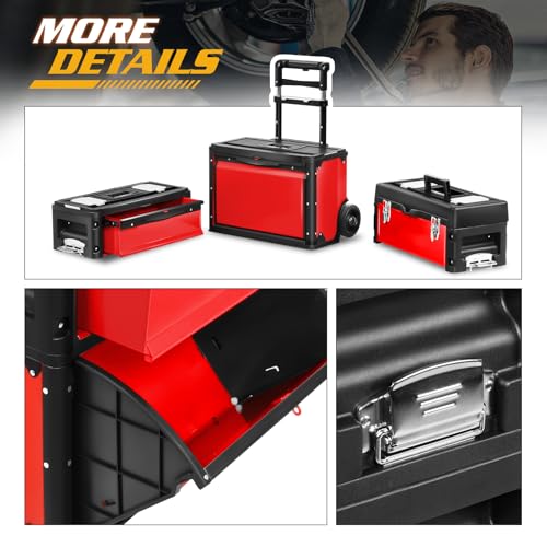 Image of Magshion Heavy-Duty Rolling Tool Box, 3-Tier Stackable Tool Chest System with Wheels & Drawers, Modular Organizer for Small Parts and Tools, Mobile Garage Workshop Storage in Black /Red