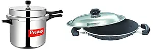 Prestige Pressure Cooker, 10 Litres, Silver&Prestige Aluminium Omega Select Plus Flat Base Kadhai with Lid, 20cm, 2.2 Liters, Black&Prestige Omega Select Plus Aluminium Residue with Lid, 20 cm, Black