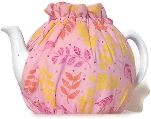Teapot Cozy, quilted tea warmer with yellow, pink and orange leaves on light pink for a 5-8 cup teapot #501