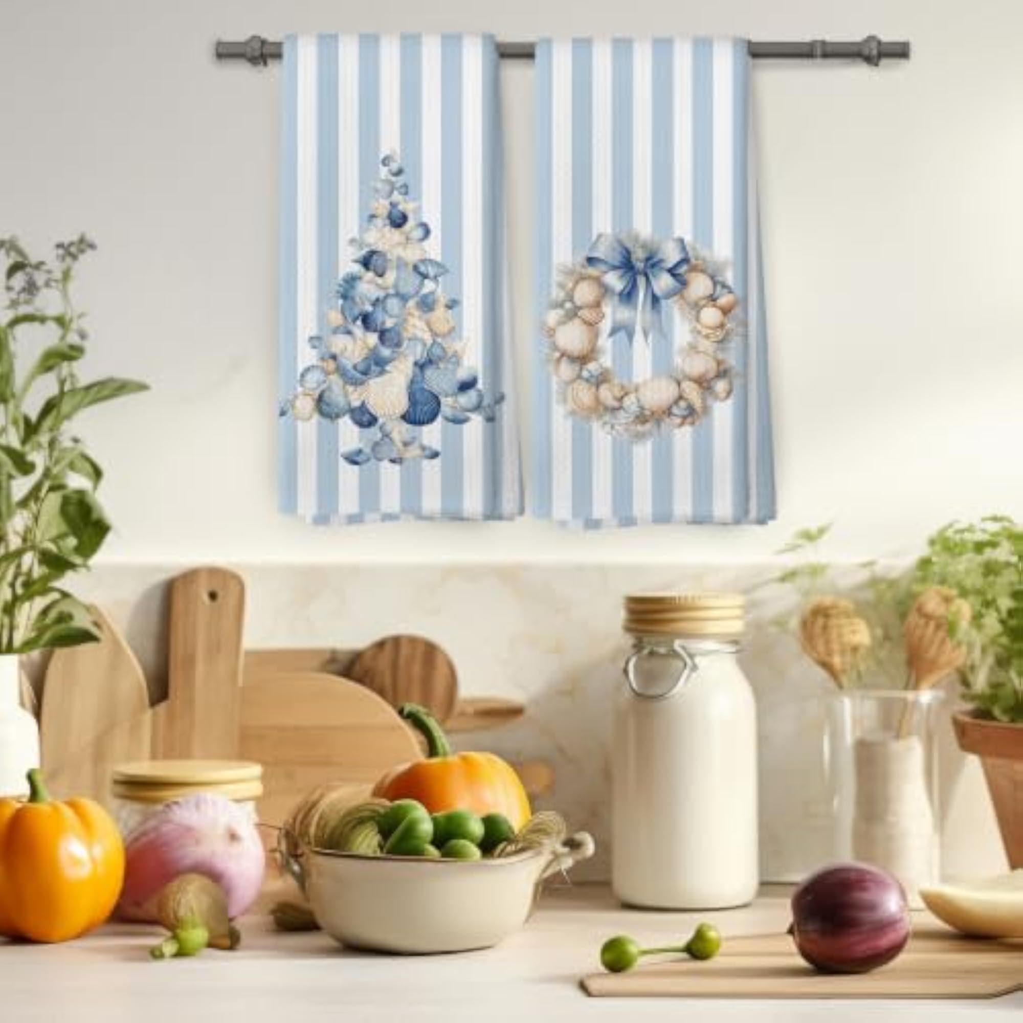 Blue Coastal Beach Christmas Kitchen Towels Set of 2