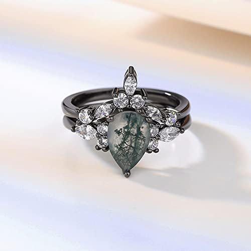 Pear Cut Moss Water Grass Stone Stackable Ring Set with Black Gold Plating and Sparkling Zircon - Customize a Ring3