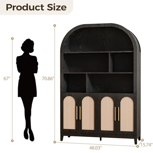 Image of 71 inch Arched Tall Wood Storage Cabinet - 5-Tier Rattan Door Pantry Organizer with Divider Shelf & Gold Handles, Versatile Bookcase for Living Room & Kitchen, Jet Black