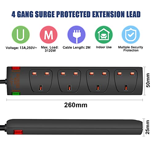 ExtraStar 4 Way Extension Lead with Surge Protection, 13A/250V~ Multi Sockets Power Strips, 3120W Fused UK Plug Wall Mounted Power Socket with 2M Extension Cord-Black