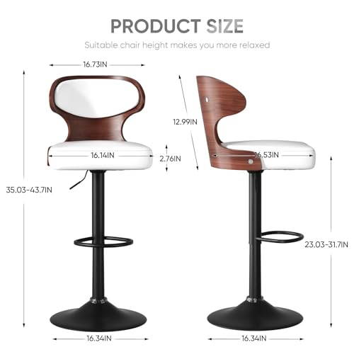 Nalupatio Bar Stools Set of 2 Seat Adjustable Height 24.5-33.5IN - Bentwood Swivel Barstools with Back & Footrest - PU Leather Upholstered Bar Chair for Bar, Kitchen, Dining Room