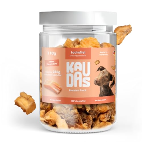 KAUDAS LachsPur Natursnack – 5 x 50 g gefriergetrocknetes Lachs Leckerli Hund mit hohem Proteingehalt & Omega-3, 100% natürlicher Hundesnack 550 g Rohgewicht – ohne Zucker, Getreide & Zusatzstoffe