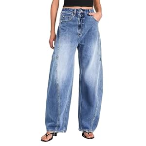 Flamingals Women’s Barrel Jeans Wide Leg Baggy Boyfriend Jeans High Waisted Stretchy Wash Denim Jeans
