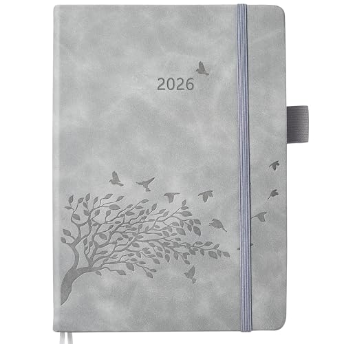 Kalender 2026 Buchkalender A5 1 Tag 1 Seite Tagesplaner mit Monatsübersicht & Notizen 2 Lesezeichenband Stifthalter Tasche Leder Hardcover Jahresplaner Buch Planer Terminplaner Jan.26-Dez.26