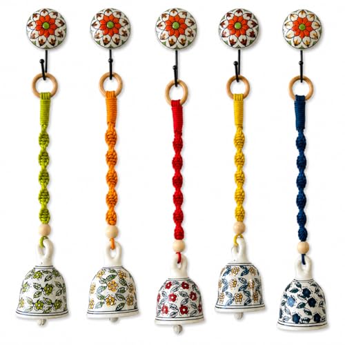 Image of Kaameri Bazaar Multicolor Handmade Macrame Hanging Ornament | Boho Home Office Decoration Ceramic Ringing Bells with Hooks | Set of 5