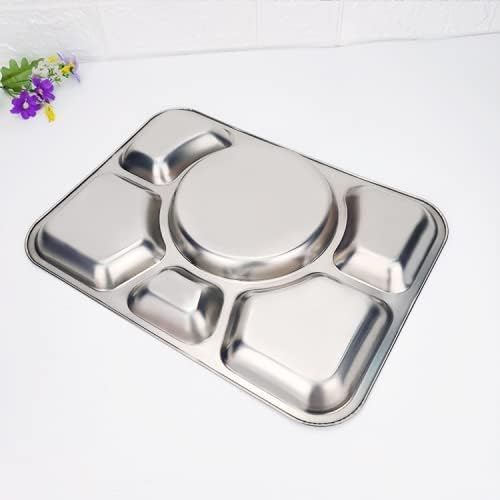 Miniatura 4 de Hacaroa Paquete de 4 platos llanos divididos de acero inoxidable, plato de servir aperitivos de 15 x 10.6 pulgadas con 6 compartimentos, bandejas de