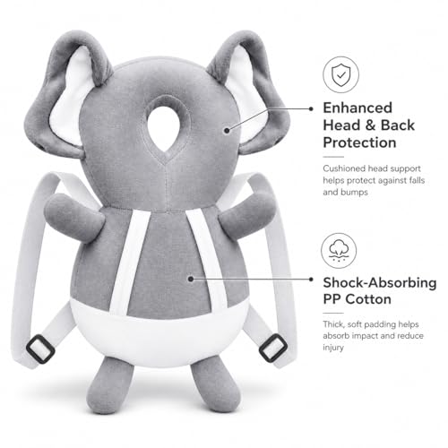 Image of GLUN Baby Head Protector Backpack, Pack of 1 Cute Elephant Soft Cushioning, Adjustable Shoulder Belt, Head Protection Back for 6-18 Month Toddler Kids
