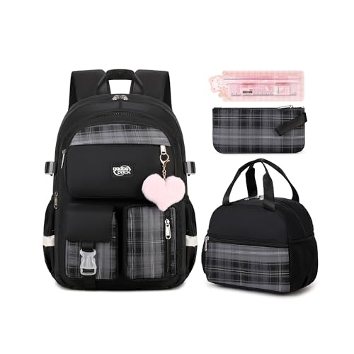 qodbopack 3 peças, mochila para escola, escola, faculdade, adolescente, meninas, estudantes, bolsa para laptop à prova d'água, Xadrez preto
