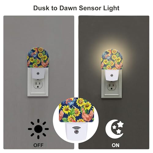 Image of Vintage Hen Rooster with Sunflowers Night Light, Watercolor Farm Animals Floral Dusk to Dawn Night Light Plug in,0.5w Energy Saving Sleep Friendly NightLight for Kids Boys Girls Home Decor
