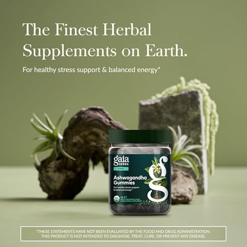 Gaia Herbs Organic Ashwagandha Gummies, Stress Support, Cinnamon, Ginger, Gluten Free, Vegan, 45 Count