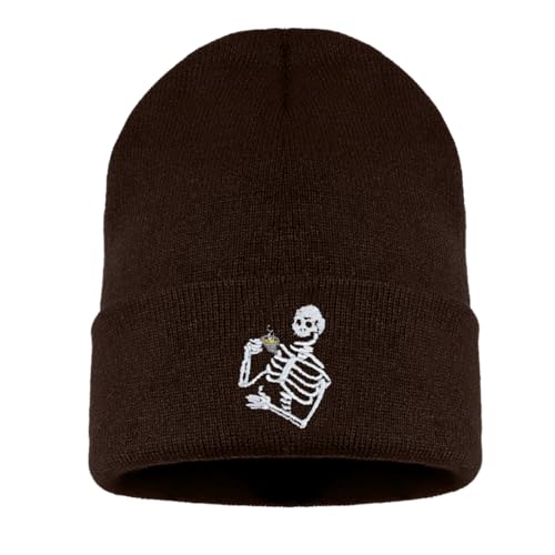 Image of Embroidered Skeleton Beanie Hat Winter Stretch Knit Skull Cap for Men Women