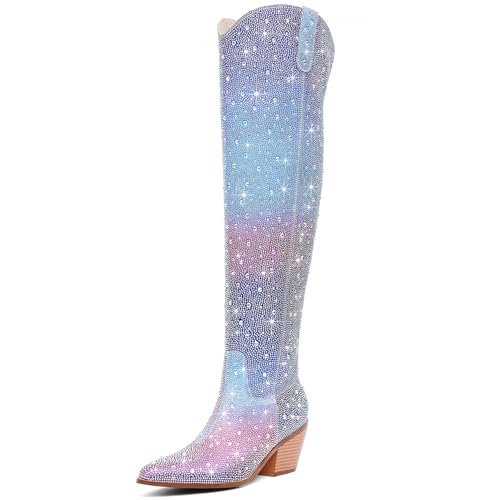 Image of Women Rhinestone Over the Knee Cowboy Boots, Sparkly Bling Cowgirl Boots Western Thigh High Boots Pull-On Side Zippers Chunky Heel Pointed Toe For Concerts, Music Festivals, Parties & Night Out