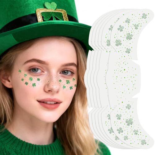 Go Ho Shamrock Glitter Freckles Face Tattoo St Patricks Day Accessories - Freckles Sparkle St Pattys Outfit Women Kids Face Stickers Shamrock Green Glitter Stickers 6 PCS