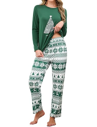 Reliwel Pijamas De Navidad Conjunto Pijama Mujer Invierno Algodón Conjunto 2 Piezas Manga Larga en Top y Pantalones - Ropa de Dormir con Bolsillos y Cordón Navidad Verde, M