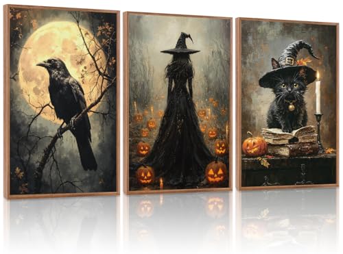 KAIRNE Framed Halloween Canvas Wall Art,Dark Witch Crow Prints,Black Cat