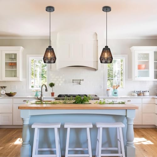 Rviezza 2 Pack Black Rattan Pendant Light, 6.69" Modern Woven Pendant Light Fixtures, Farmhouse Coastal Hanging Lamp, Boho Pendant Light for Kitchen Island Bar,Dining Room, Bedroom,Hallway - Image 3