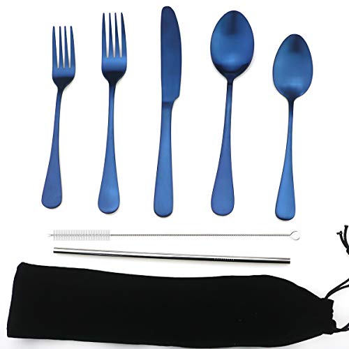 JASHII Modern Royal 5 Pcs Matte Blue 18/10 Stainless Steel Utensils Cutlery Dinnerware Set w/Straw, Knife Fork and Spoon Flatware Set for Wedding Festival Christmas Party Service for 1