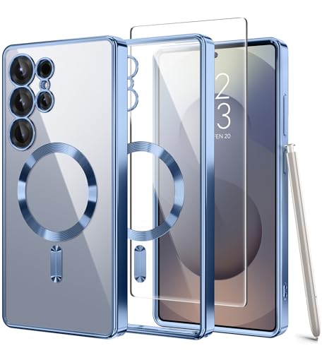 Magnetische Hülle kompatibel mit Samsung Galaxy S25 Ultra Kkompatibel mit MagSafe [Vollständiger Kameraschutz] [Displayschutzfolie] Stoßfeste Handyhülle mit Überzug für Galaxy S25 Ultra Blau/klar